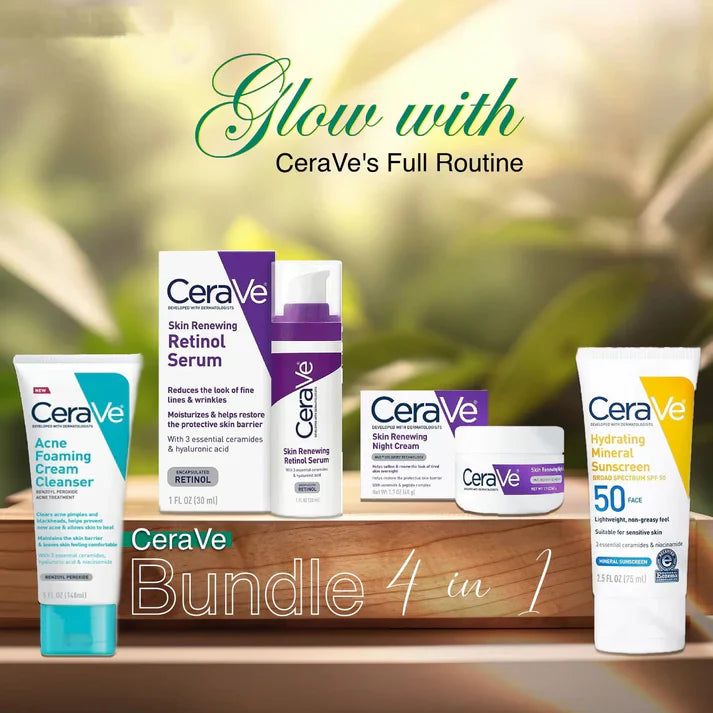 CeraVe 4 In 1 Skincare Kit - Night Cream, Sunblock, Cleanser & Serum For Skin Renewing Formula