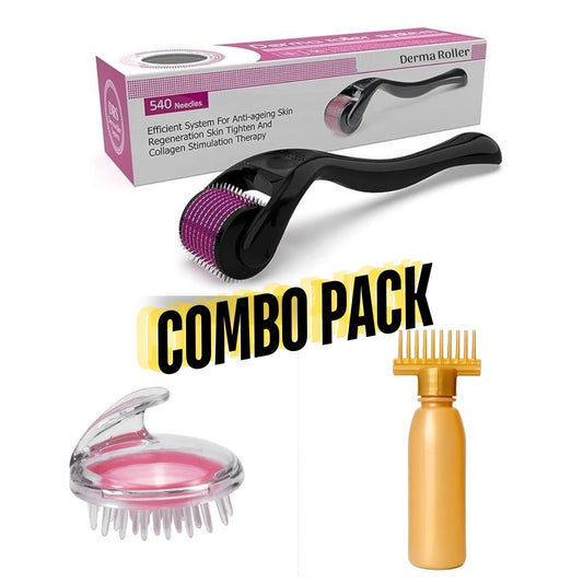 3 In 1 Combo Deal 1 Derma Roller (0.5mm), 1 Silicone Scalp Massage Brush, 1 Oil Applier Bottle